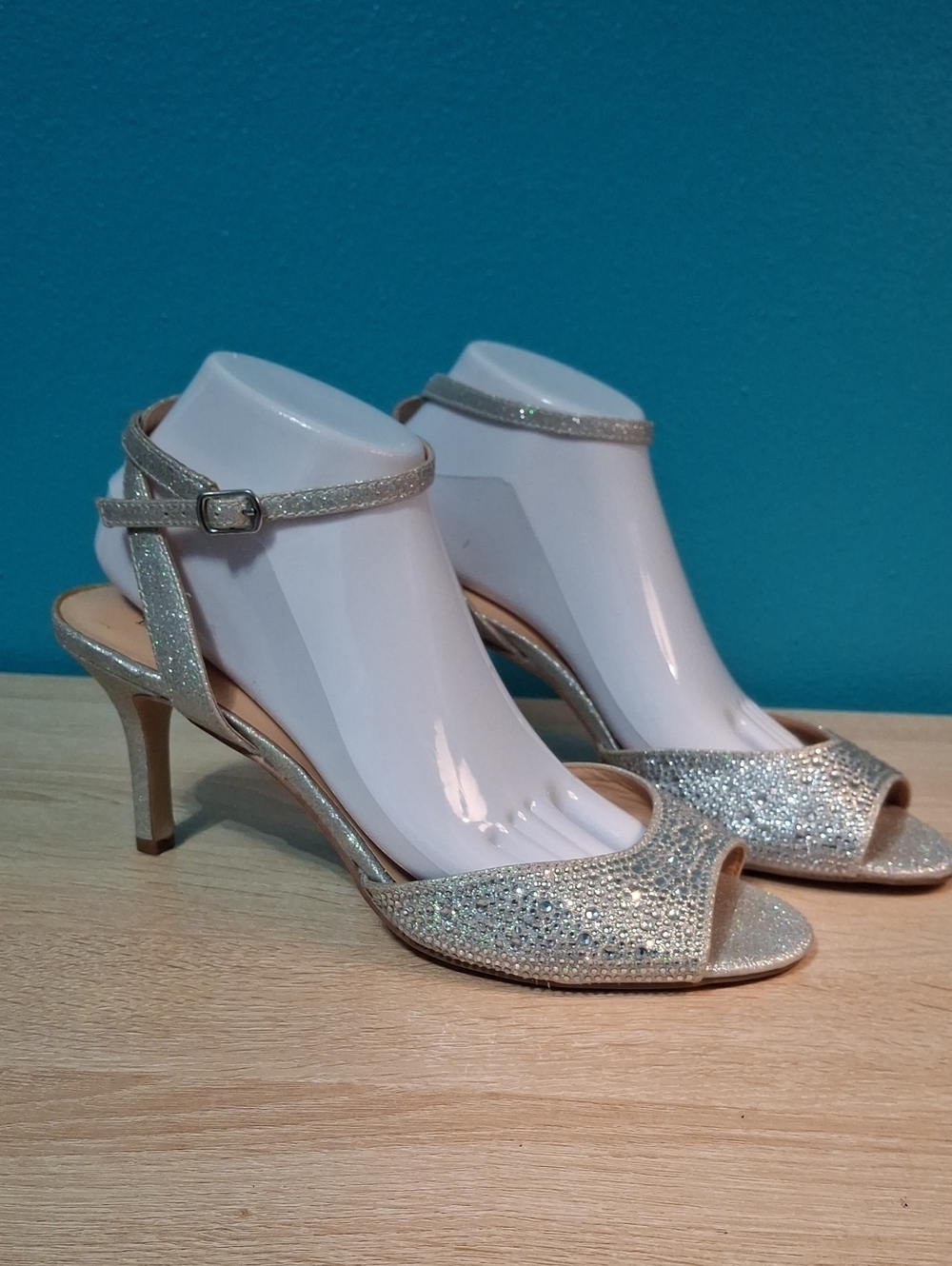 Badgley Mischka Zoelle Silver Glitter Open-Toe Ankle-Strap Heels